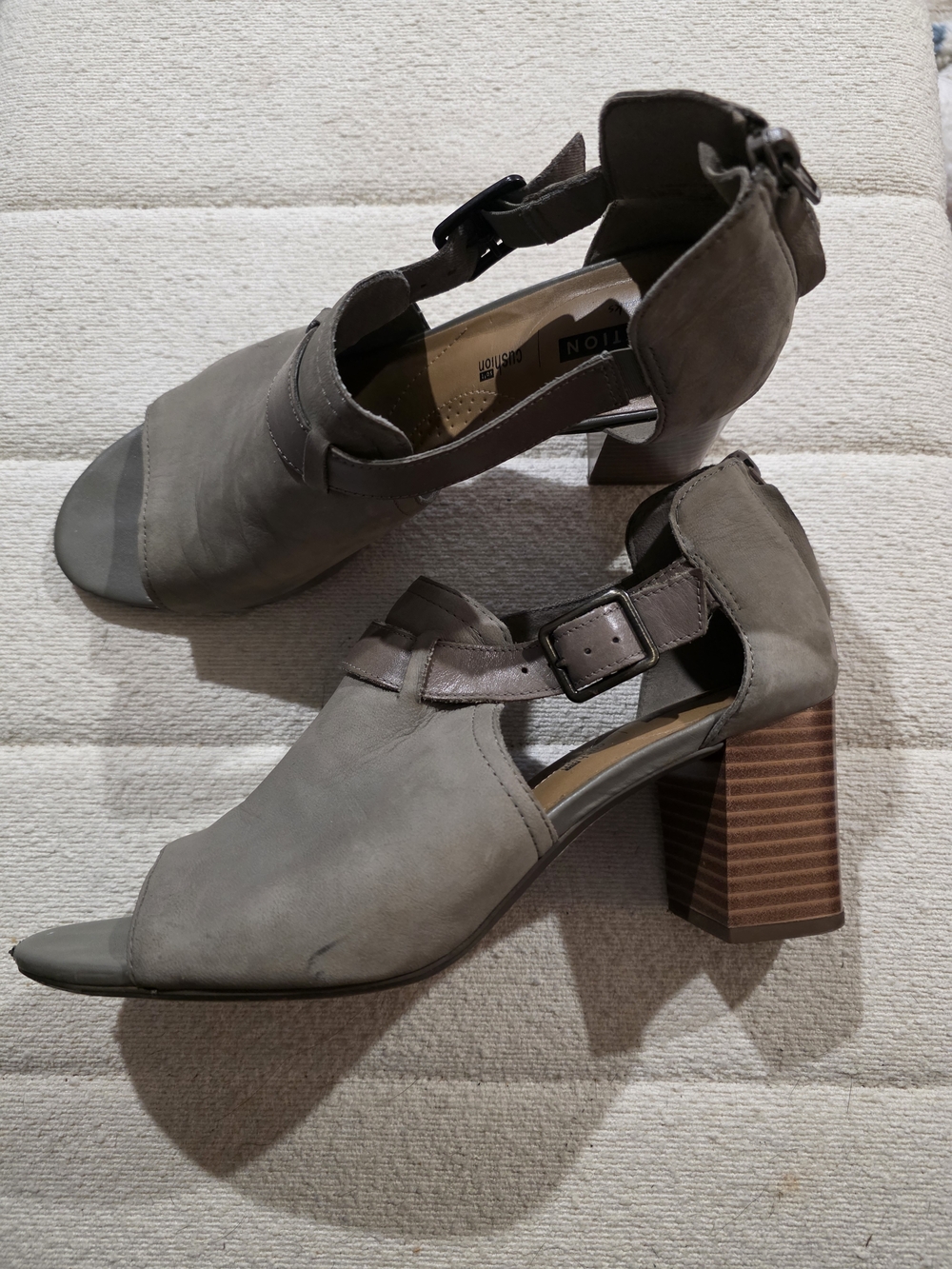 Clarks Open-Toe Taupe Block Heel Sandals with Buckle